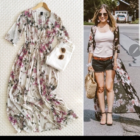 Nadia Rima Tops - Nadia Rima Boho Chic Ivory Long Floral Kimono
